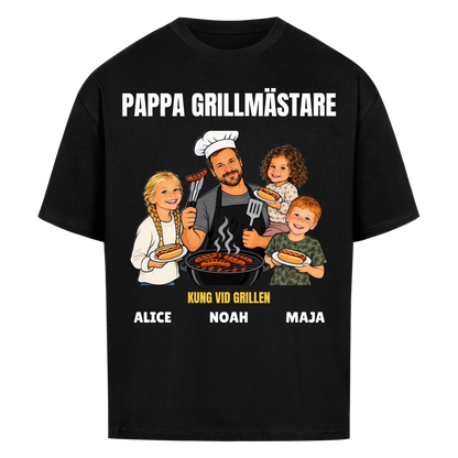 Pappa grillmästare t-shirt med ditt foto som tecknad grillkung och barnens namn. Rolig present till pappa