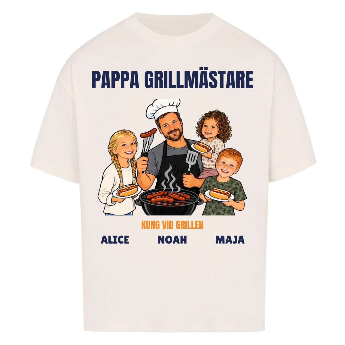 Pappa grillmästare t-shirt med ditt foto som tecknad grillkung och barnens namn. Rolig present till pappa