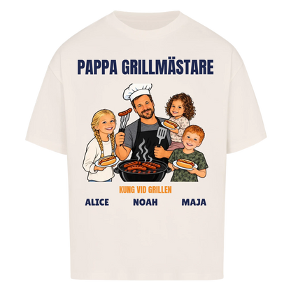 Pappa grillmästare t-shirt med ditt foto som tecknad grillkung och barnens namn. Rolig present till pappa