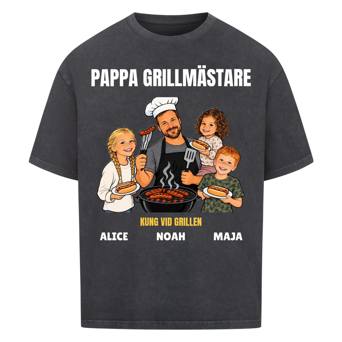Pappa grillmästare t-shirt med ditt foto som tecknad grillkung och barnens namn. Rolig present till pappa