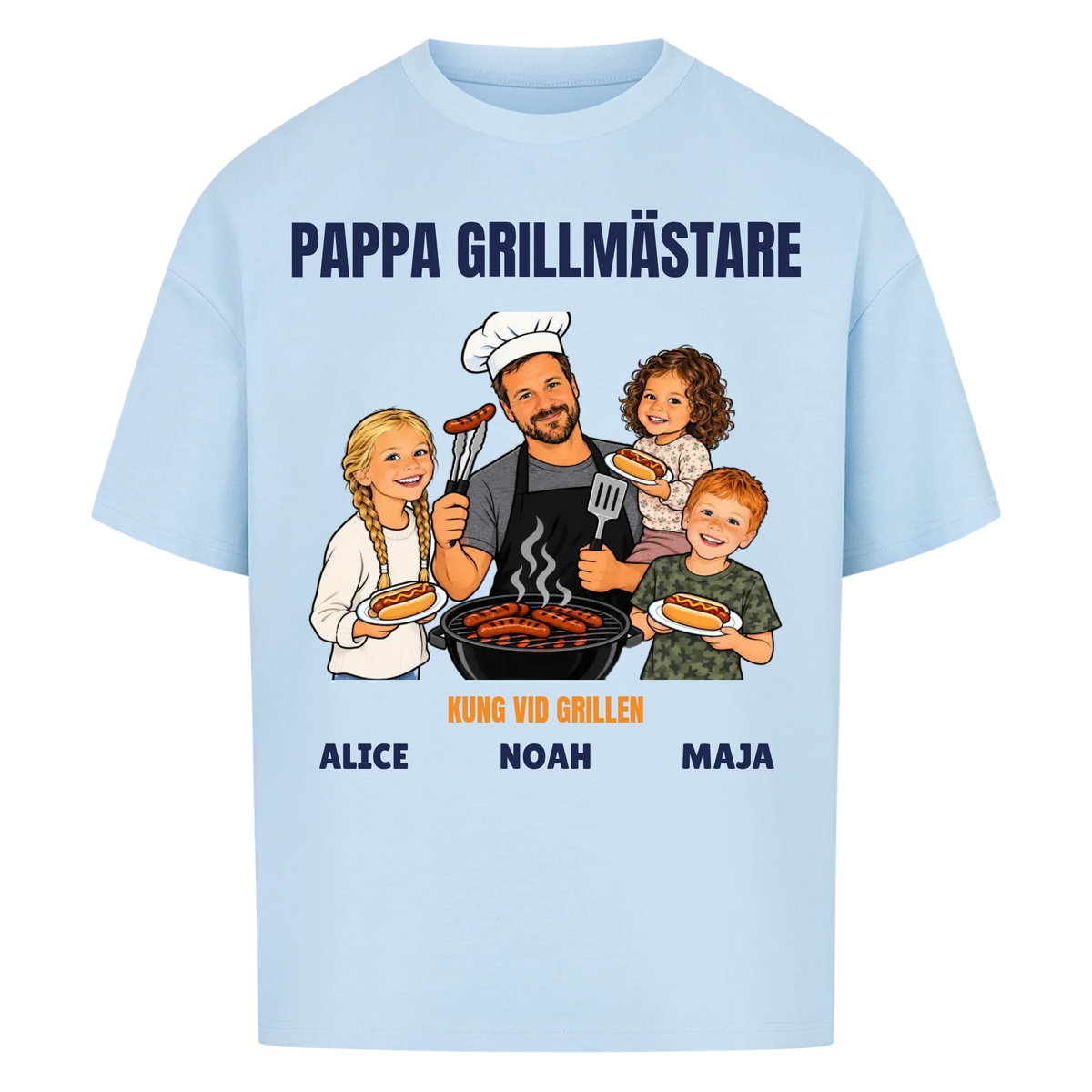 Pappa grillmästare t-shirt med ditt foto som tecknad grillkung och barnens namn. Rolig present till pappa