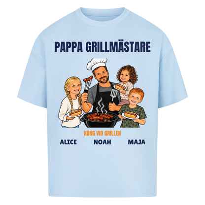 Pappa grillmästare t-shirt med ditt foto som tecknad grillkung och barnens namn. Rolig present till pappa