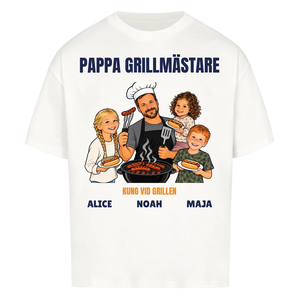 Pappa grillmästare t-shirt med ditt foto som tecknad grillkung och barnens namn. Rolig present till pappa