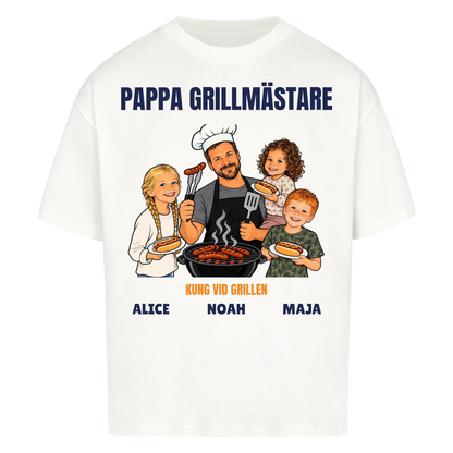 Pappa grillmästare t-shirt med ditt foto som tecknad grillkung och barnens namn. Rolig present till pappa