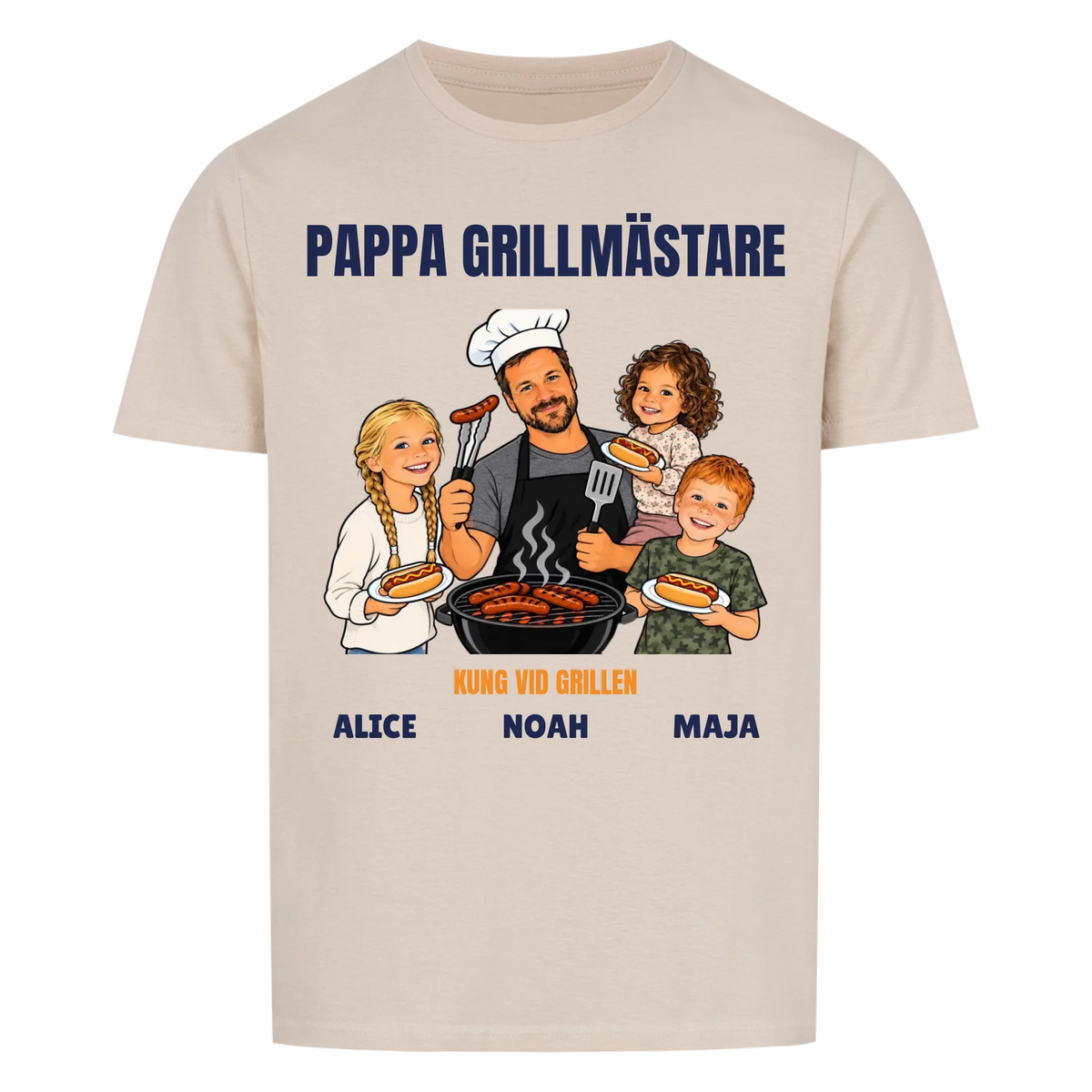 Pappa grillmästare t-shirt med ditt foto som tecknad grillkung och barnens namn. Rolig present till pappa