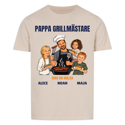 Pappa grillmästare t-shirt med ditt foto som tecknad grillkung och barnens namn. Rolig present till pappa