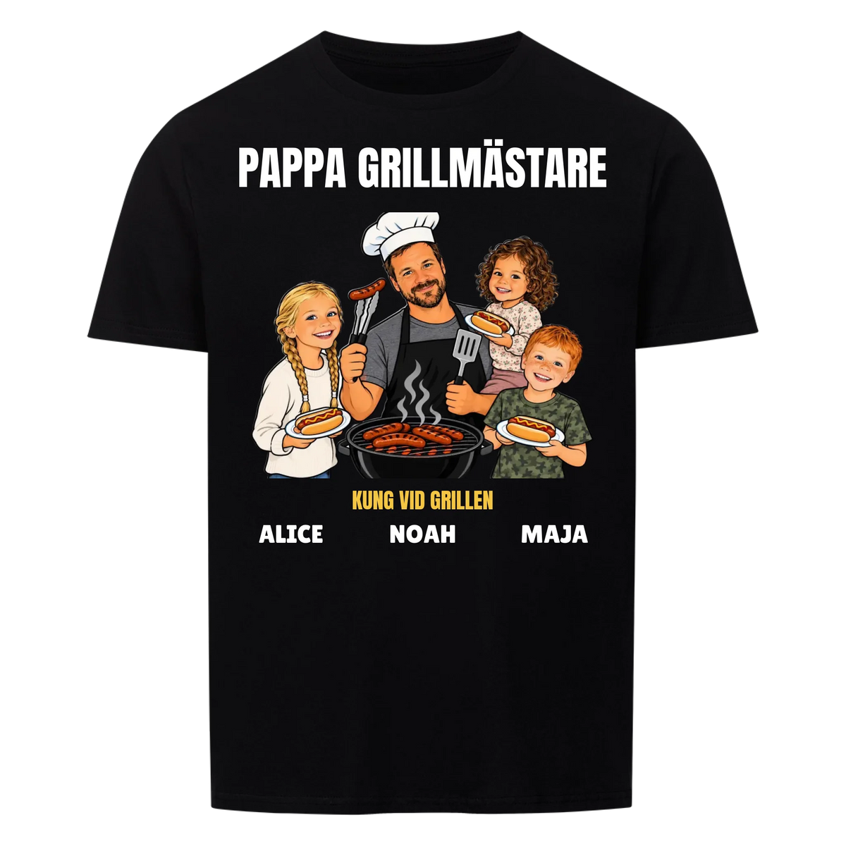 Pappa grillmästare t-shirt med ditt foto som tecknad grillkung och barnens namn. Rolig present till pappa