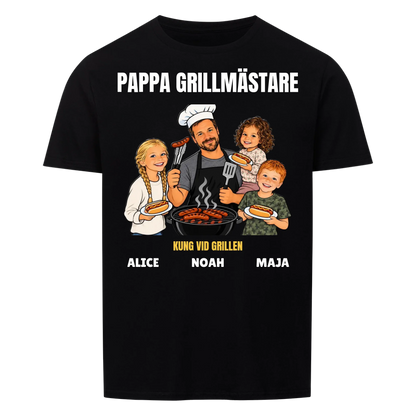 Pappa grillmästare t-shirt med ditt foto som tecknad grillkung och barnens namn. Rolig present till pappa
