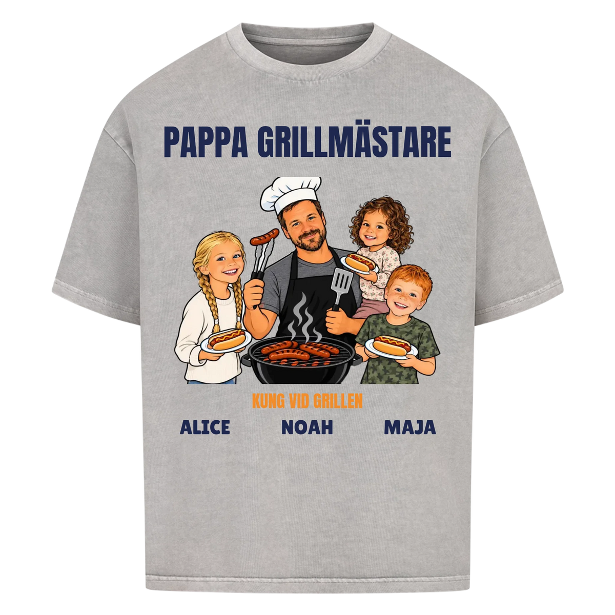 Pappa grillmästare t-shirt med ditt foto som tecknad grillkung och barnens namn. Rolig present till pappa