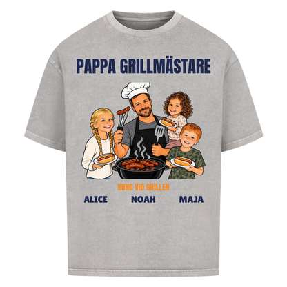 Pappa grillmästare t-shirt med ditt foto som tecknad grillkung och barnens namn. Rolig present till pappa