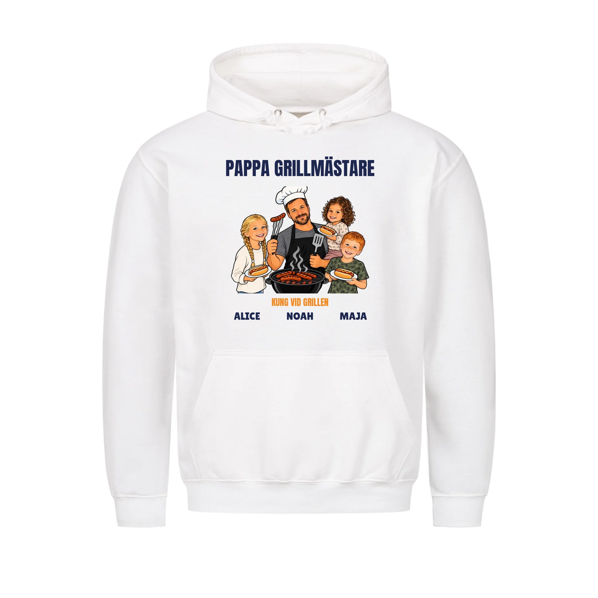 Pappa grillmästare t-shirt med ditt foto som tecknad grillkung och barnens namn. Rolig present till pappa