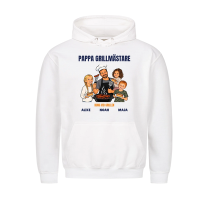 Pappa grillmästare t-shirt med ditt foto som tecknad grillkung och barnens namn. Rolig present till pappa