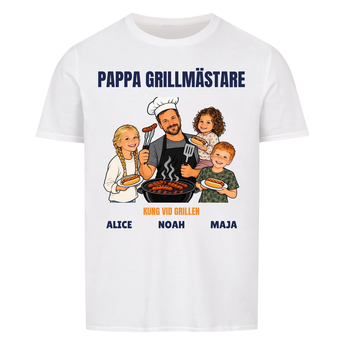 Pappa grillmästare t-shirt med ditt foto som tecknad grillkung och barnens namn. Rolig present till pappa