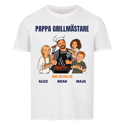 Pappa grillmästare t-shirt med ditt foto som tecknad grillkung och barnens namn. Rolig present till pappa