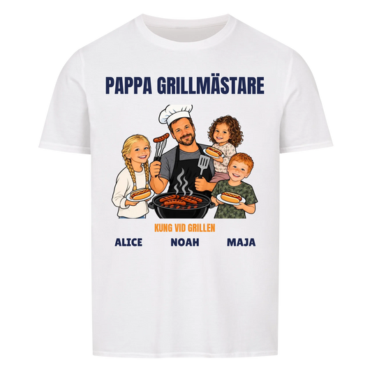 Pappa grillmästare t-shirt med ditt foto som tecknad grillkung och barnens namn. Rolig present till pappa