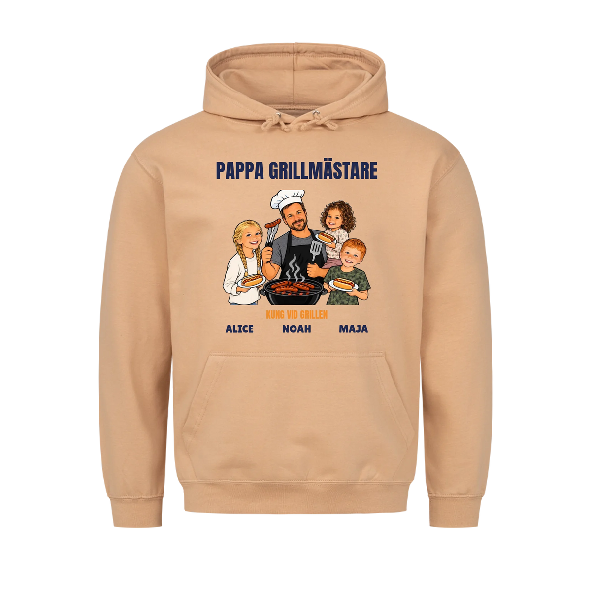 Pappa grillmästare t-shirt med ditt foto som tecknad grillkung och barnens namn. Rolig present till pappa