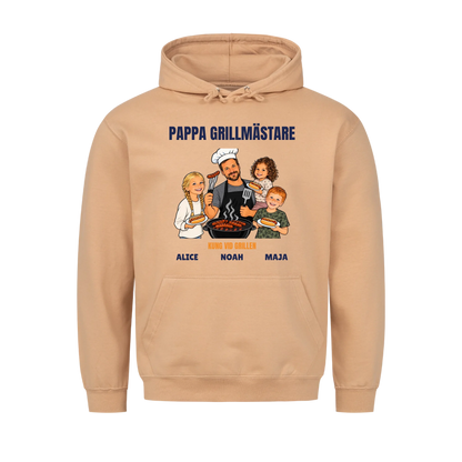 Pappa grillmästare t-shirt med ditt foto som tecknad grillkung och barnens namn. Rolig present till pappa