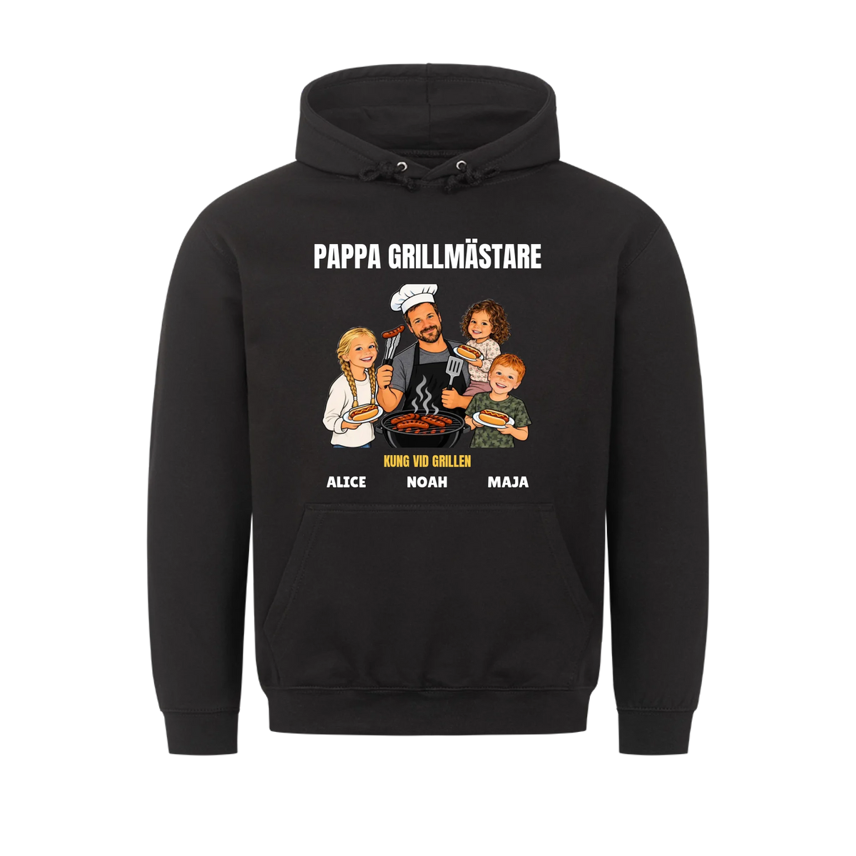Pappa grillmästare t-shirt med ditt foto som tecknad grillkung och barnens namn. Rolig present till pappa