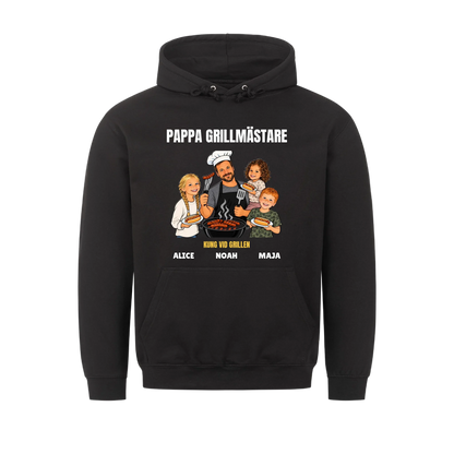 Pappa grillmästare t-shirt med ditt foto som tecknad grillkung och barnens namn. Rolig present till pappa