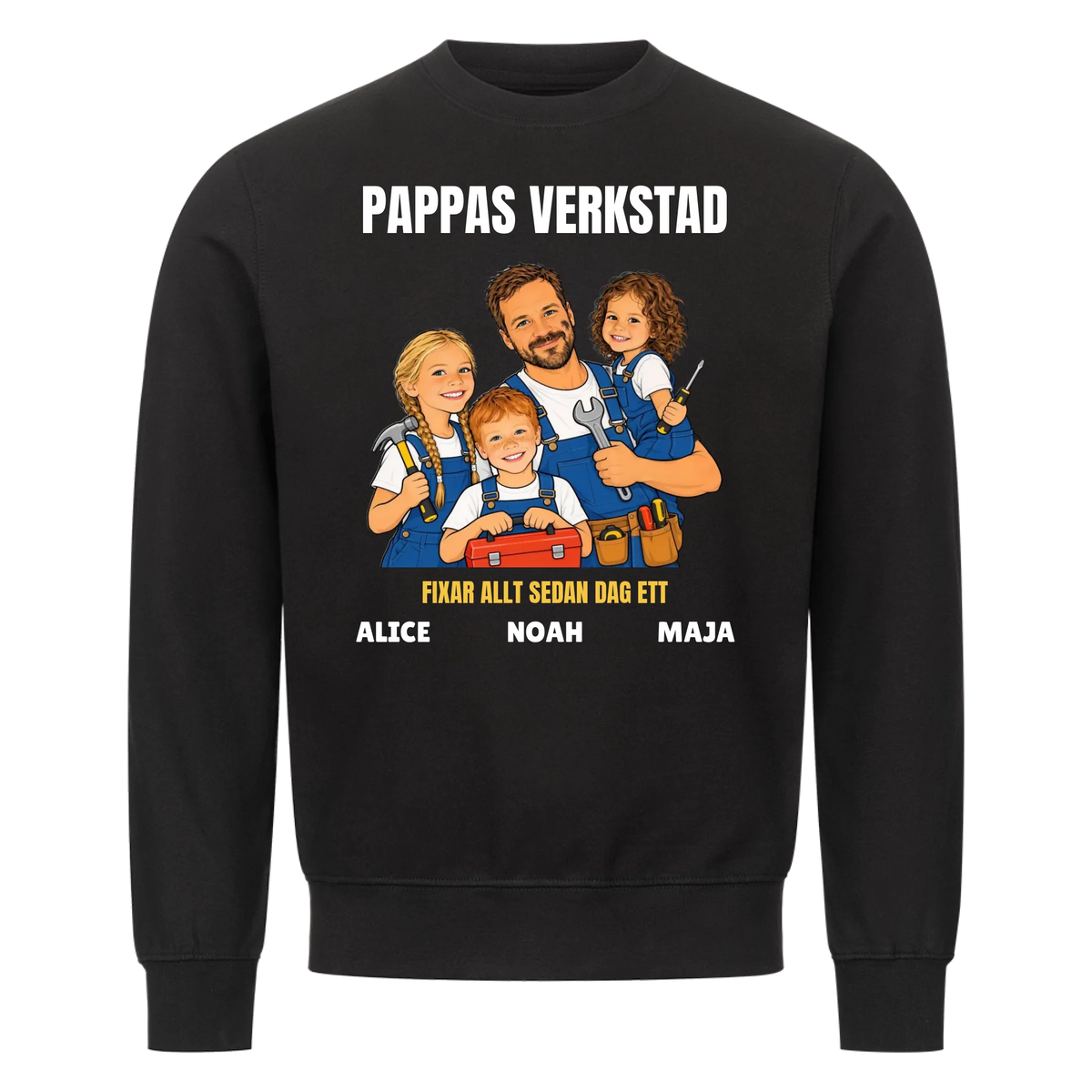 Pappas verkstad t-shirt med ditt foto som tecknad hantverkare och barnens namn. Personlig present till pappa