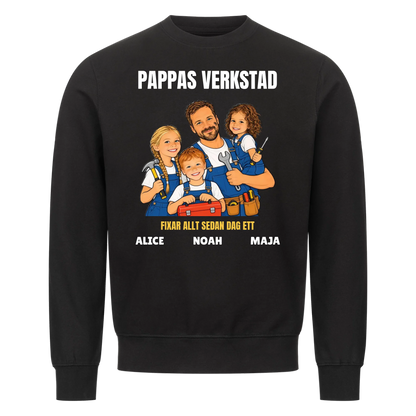 Pappas verkstad t-shirt med ditt foto som tecknad hantverkare och barnens namn. Personlig present till pappa