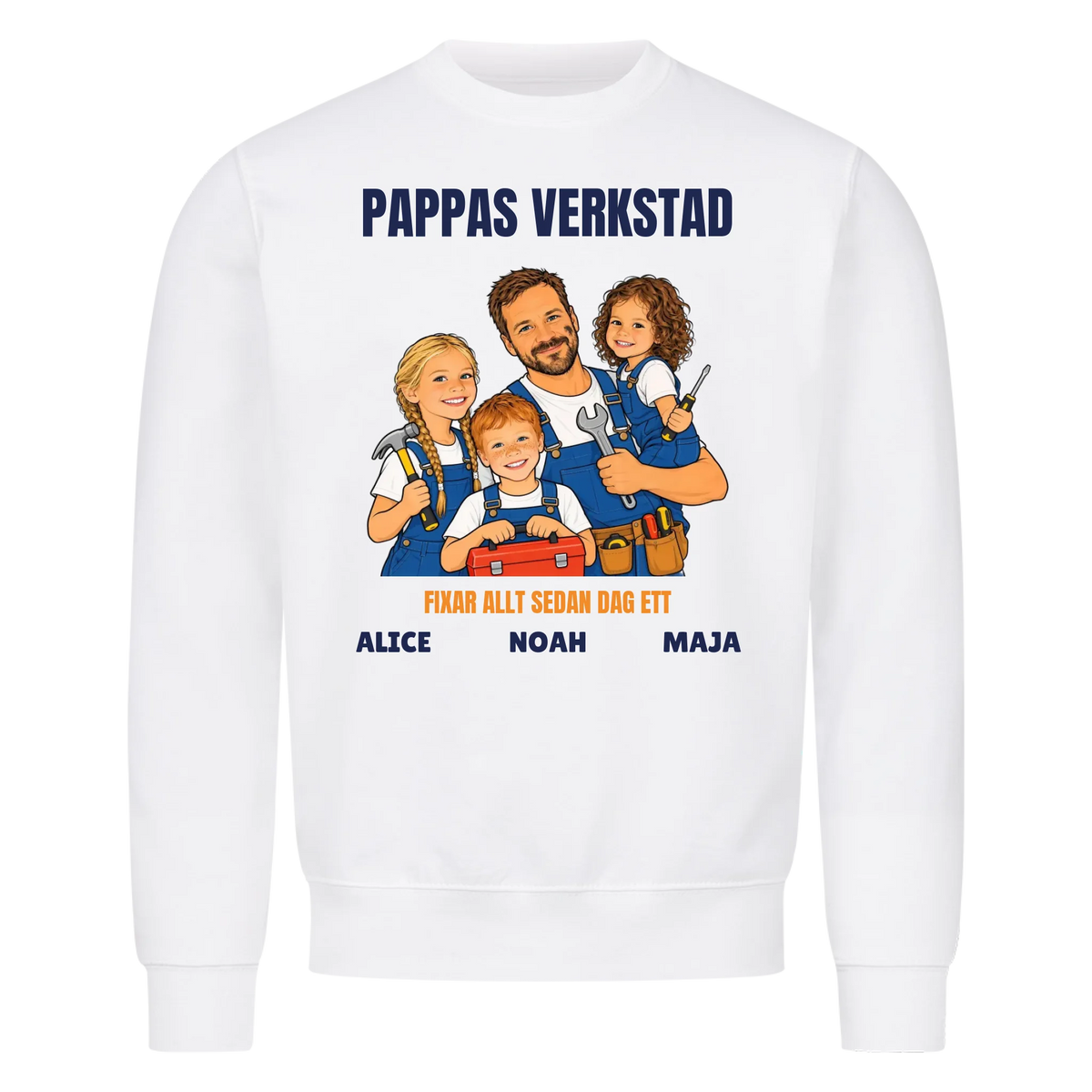 Pappas verkstad t-shirt med ditt foto som tecknad hantverkare och barnens namn. Personlig present till pappa
