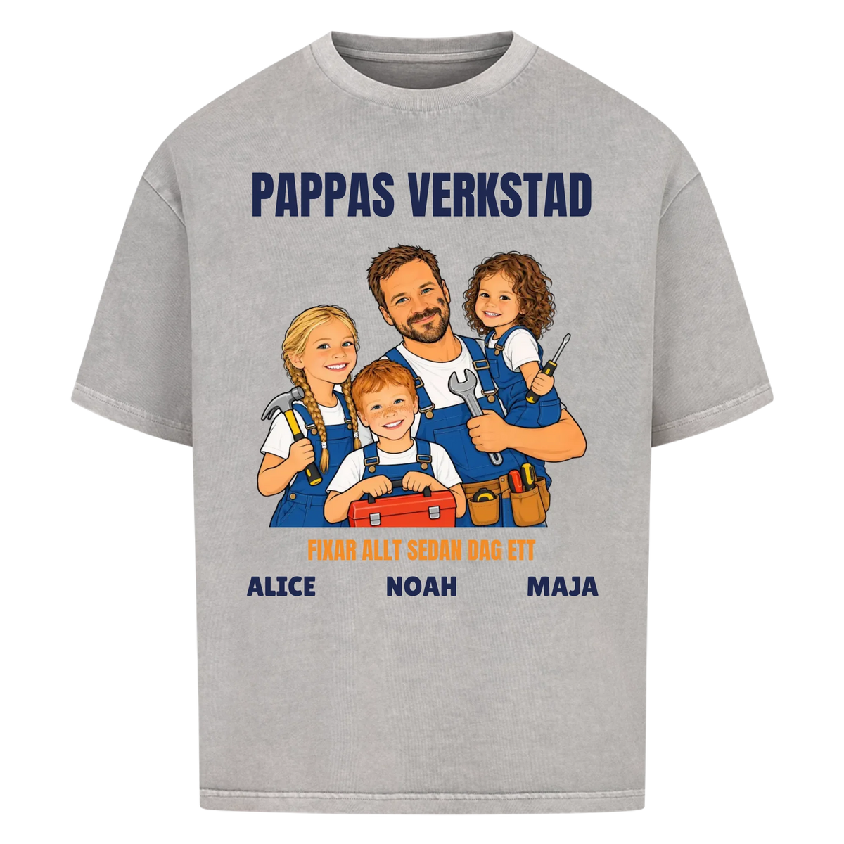 Pappas verkstad t-shirt med ditt foto som tecknad hantverkare och barnens namn. Personlig present till pappa