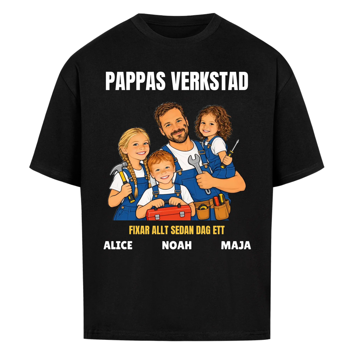 Pappas verkstad t-shirt med ditt foto som tecknad hantverkare och barnens namn. Personlig present till pappa