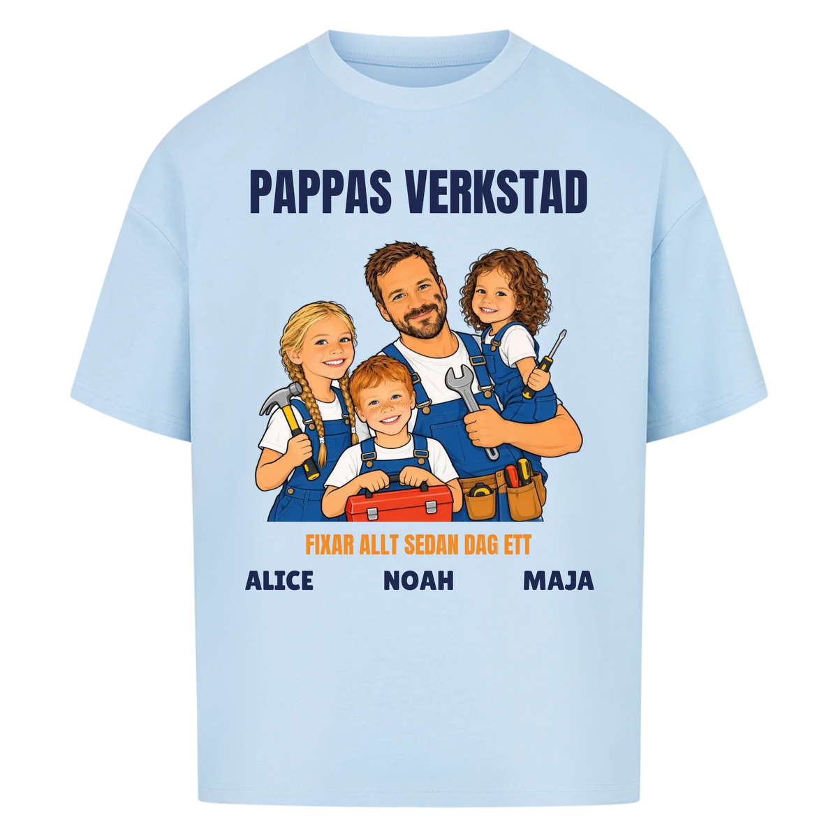 Pappas verkstad t-shirt med ditt foto som tecknad hantverkare och barnens namn. Personlig present till pappa