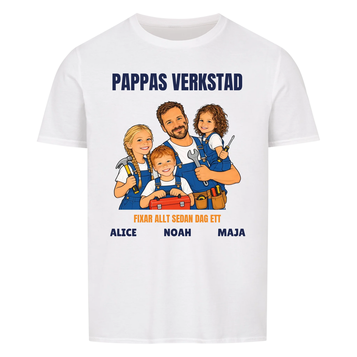 Pappas verkstad t-shirt med ditt foto som tecknad hantverkare och barnens namn. Personlig present till pappa
