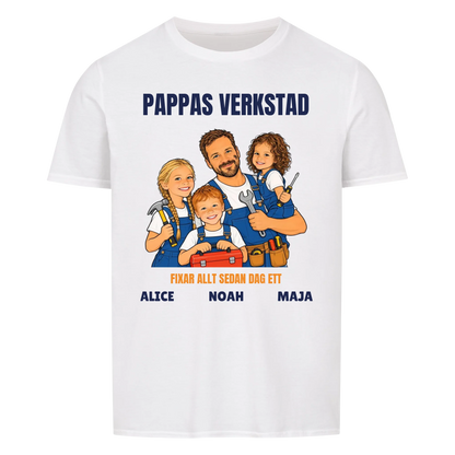 Pappas verkstad t-shirt med ditt foto som tecknad hantverkare och barnens namn. Personlig present till pappa