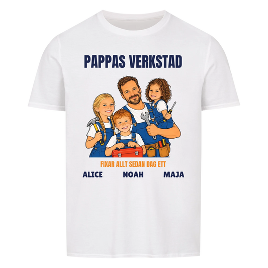 Pappas verkstad t-shirt med ditt foto som tecknad hantverkare och barnens namn. Personlig present till pappa