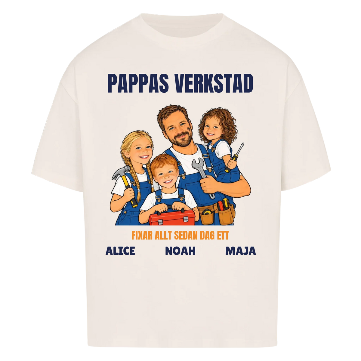 Pappas verkstad t-shirt med ditt foto som tecknad hantverkare och barnens namn. Personlig present till pappa