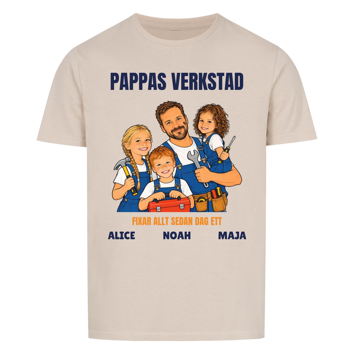 Pappas verkstad t-shirt med ditt foto som tecknad hantverkare och barnens namn. Personlig present till pappa