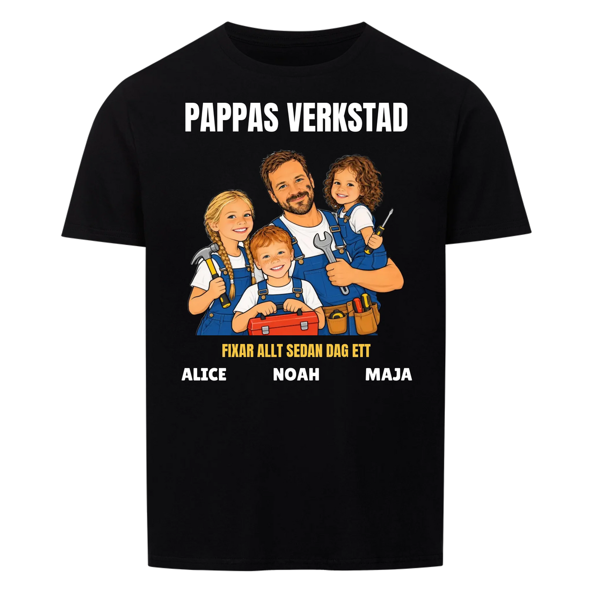 Pappas verkstad t-shirt med ditt foto som tecknad hantverkare och barnens namn. Personlig present till pappa