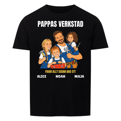 Pappas verkstad t-shirt med ditt foto som tecknad hantverkare och barnens namn. Personlig present till pappa
