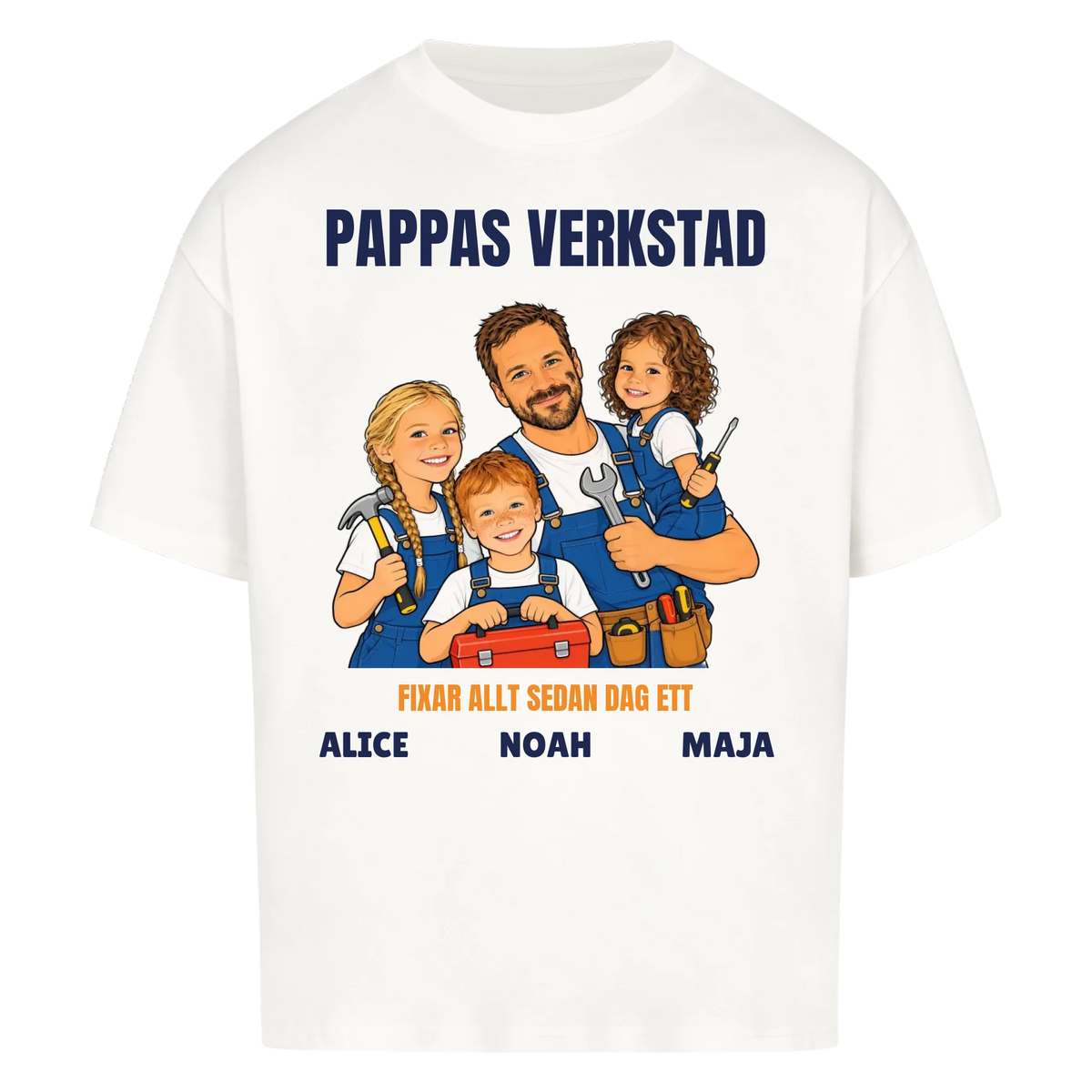 Pappas verkstad t-shirt med ditt foto som tecknad hantverkare och barnens namn. Personlig present till pappa