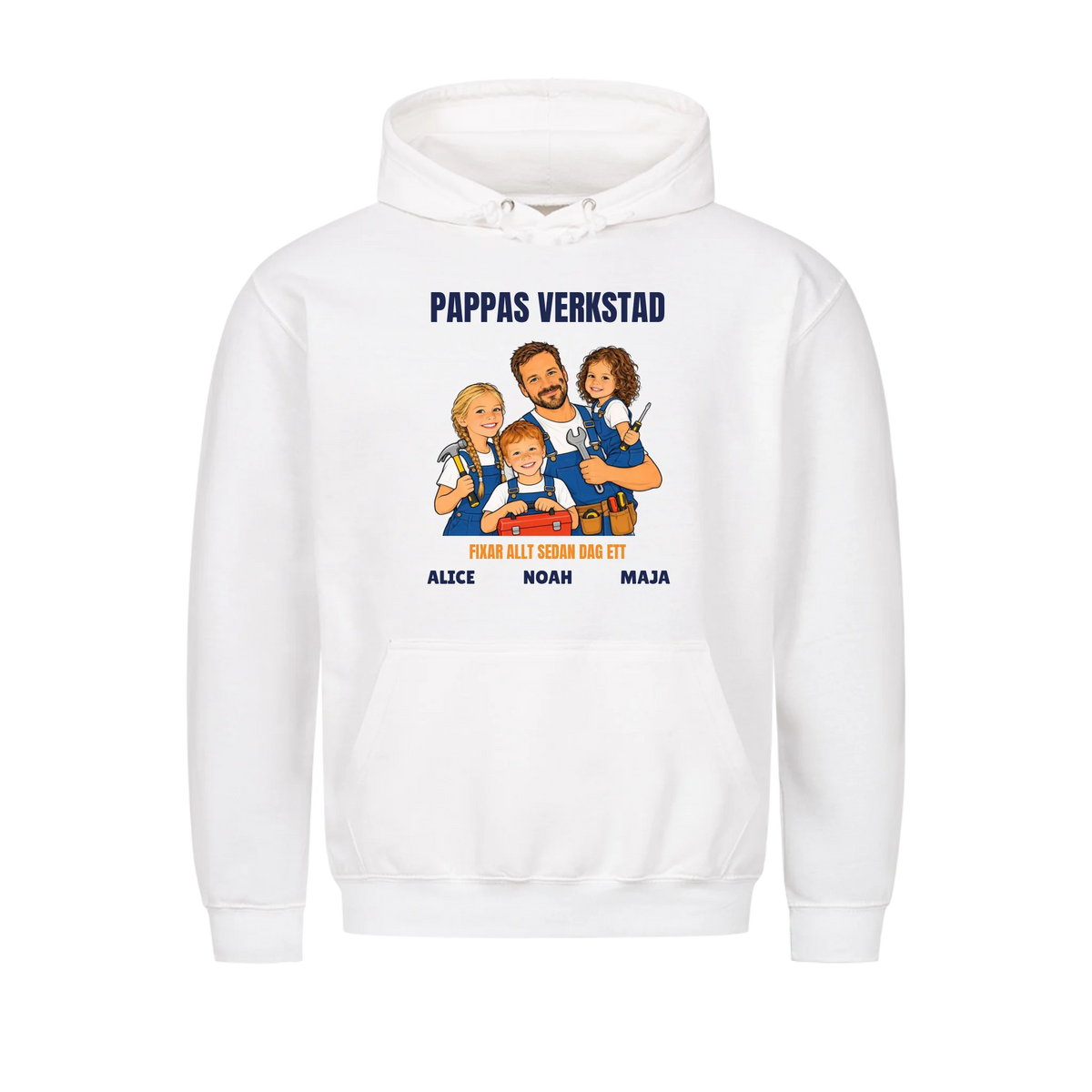 Pappas verkstad t-shirt med ditt foto som tecknad hantverkare och barnens namn. Personlig present till pappa
