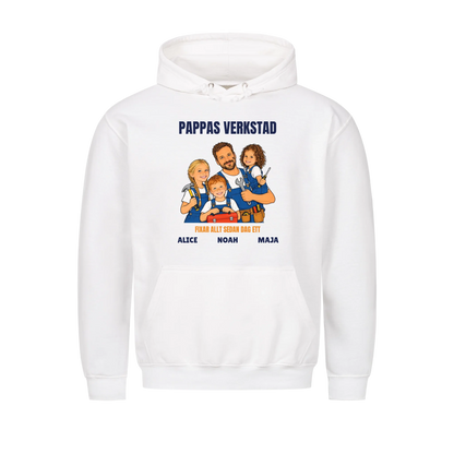 Pappas verkstad t-shirt med ditt foto som tecknad hantverkare och barnens namn. Personlig present till pappa