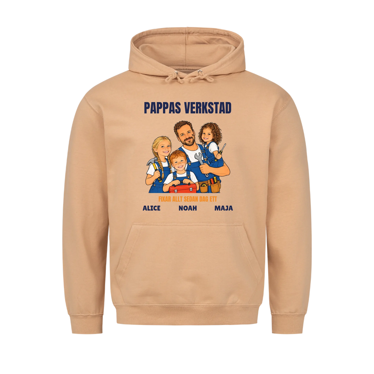 Pappas verkstad t-shirt med ditt foto som tecknad hantverkare och barnens namn. Personlig present till pappa