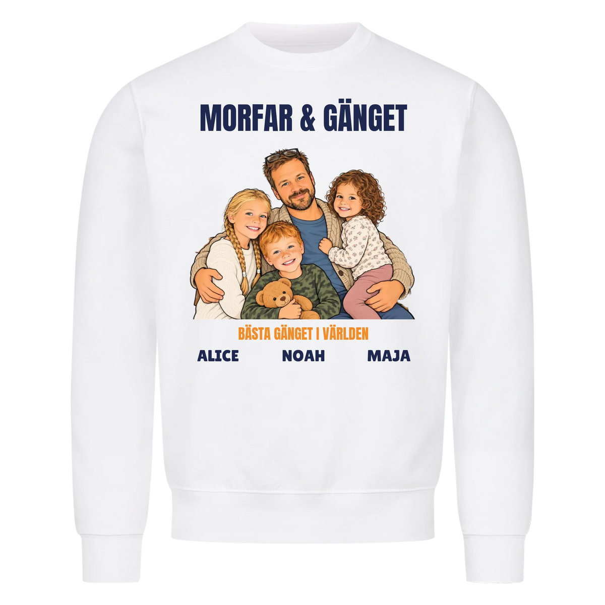Morfar och gänget t-shirt med ditt foto som tecknad familj och barnbarnens namn. Personlig present till morfar eller farfar