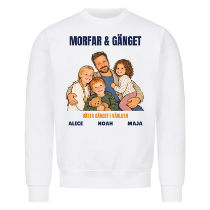 Morfar och gänget t-shirt med ditt foto som tecknad familj och barnbarnens namn. Personlig present till morfar eller farfar