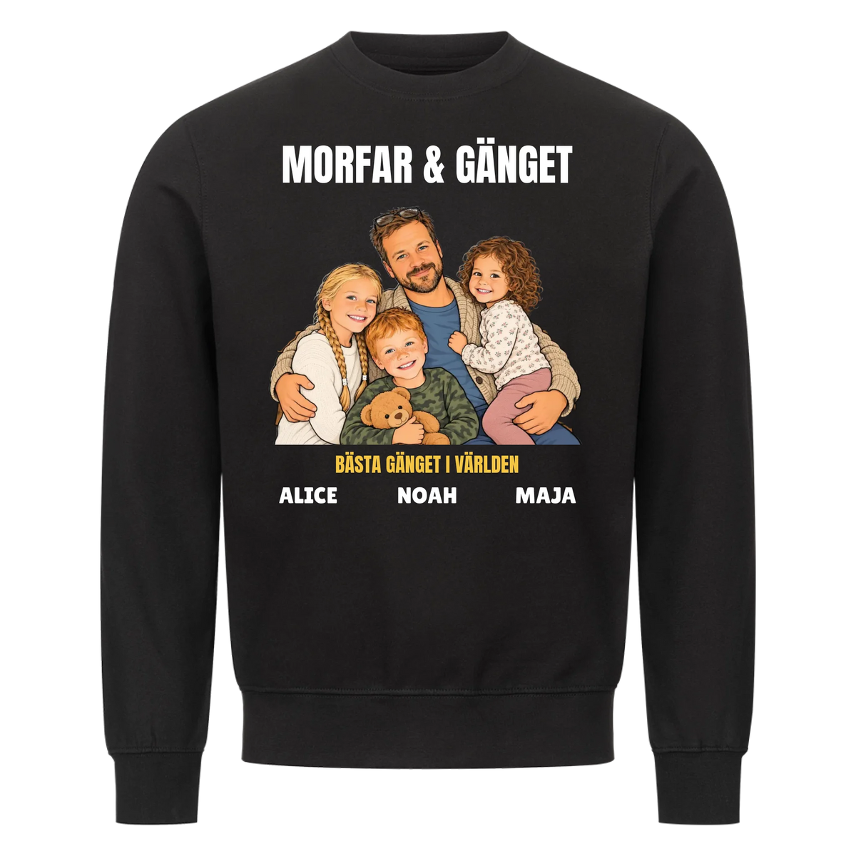 Morfar och gänget t-shirt med ditt foto som tecknad familj och barnbarnens namn. Personlig present till morfar eller farfar