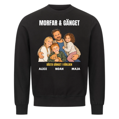 Morfar och gänget t-shirt med ditt foto som tecknad familj och barnbarnens namn. Personlig present till morfar eller farfar