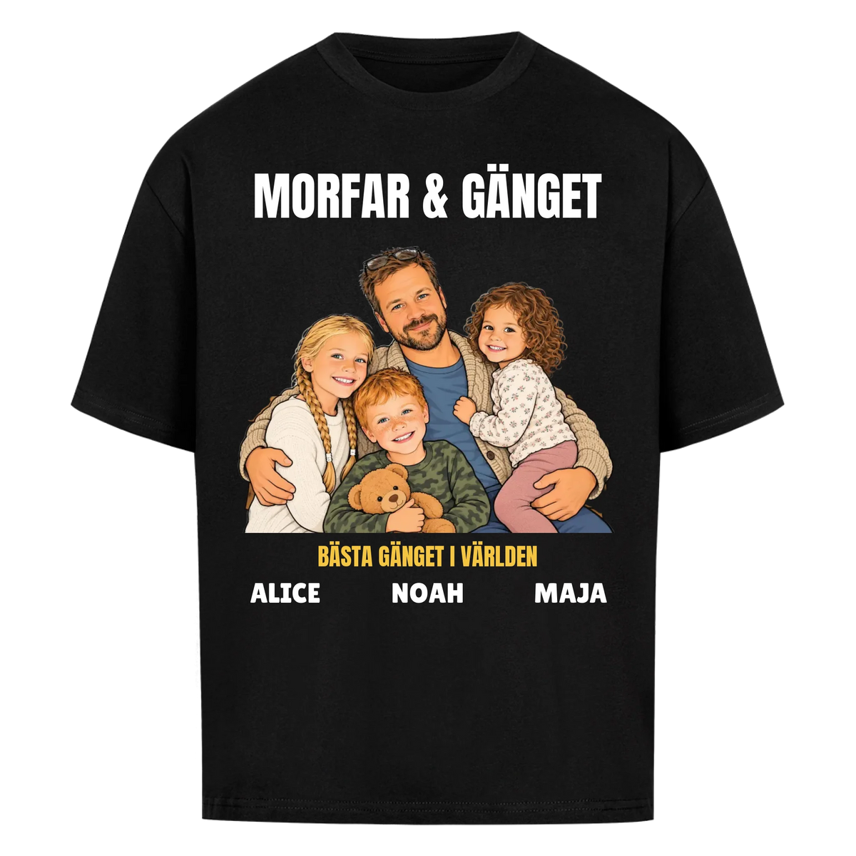 Morfar och gänget t-shirt med ditt foto som tecknad familj och barnbarnens namn. Personlig present till morfar eller farfar