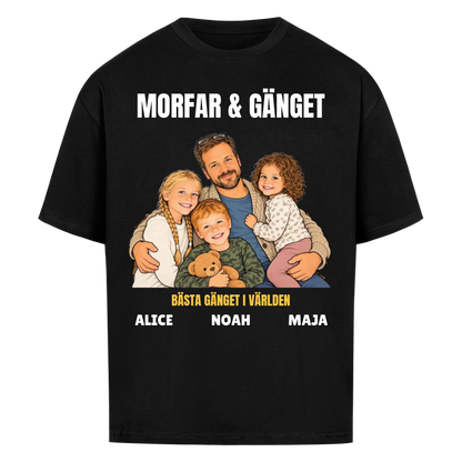 Morfar och gänget t-shirt med ditt foto som tecknad familj och barnbarnens namn. Personlig present till morfar eller farfar