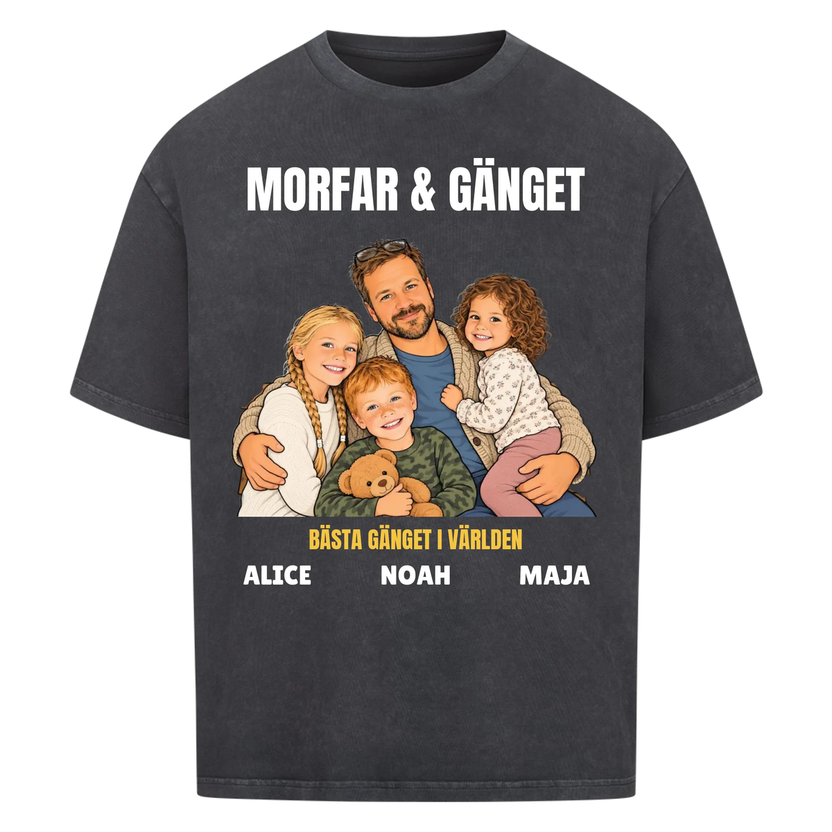 Morfar och gänget t-shirt med ditt foto som tecknad familj och barnbarnens namn. Personlig present till morfar eller farfar