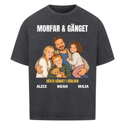 Morfar och gänget t-shirt med ditt foto som tecknad familj och barnbarnens namn. Personlig present till morfar eller farfar