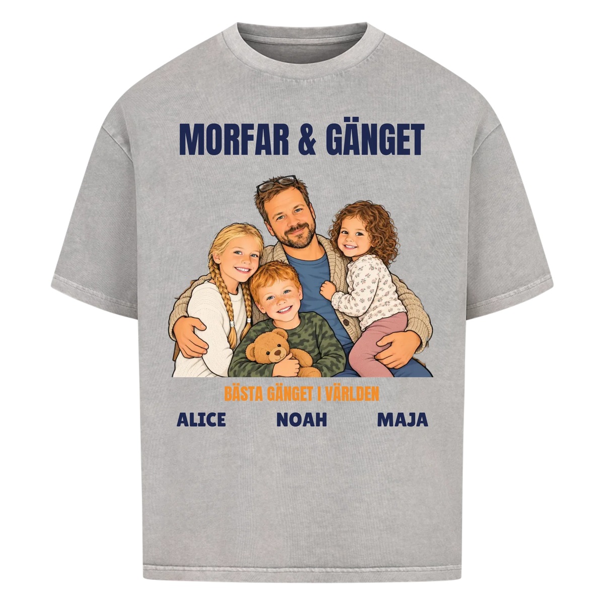 Morfar och gänget t-shirt med ditt foto som tecknad familj och barnbarnens namn. Personlig present till morfar eller farfar