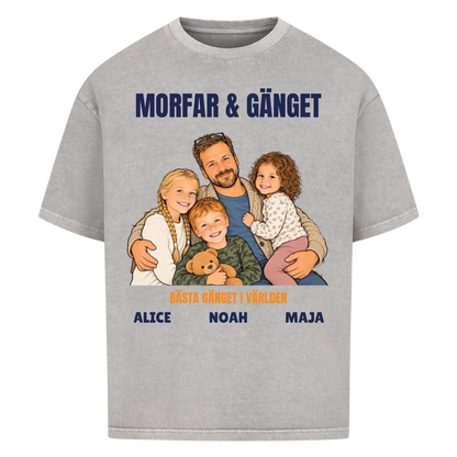 Morfar och gänget t-shirt med ditt foto som tecknad familj och barnbarnens namn. Personlig present till morfar eller farfar